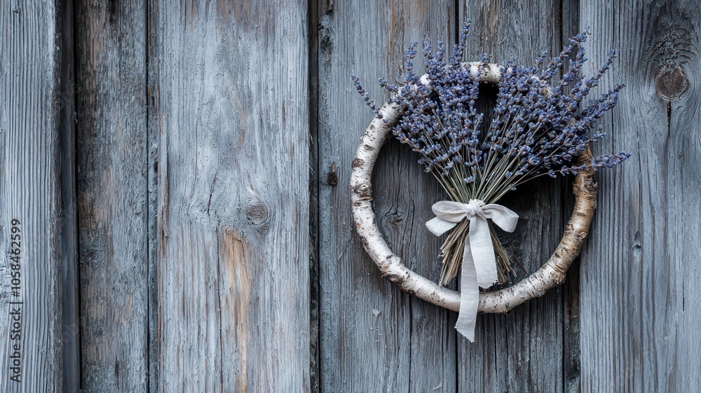 A minimalist Christmas wreath featuring a thin ring of birch wood, adorned with only a small bunch of dried lavender tied with a soft linen ribbon, hanging on a rustic wooden door. A minimalist Christmas wreath featuring a thin ring of birch wood, adorned with only a small bunch of dried lavender tied with a soft linen ribbon, hanging on a rustic wooden door.