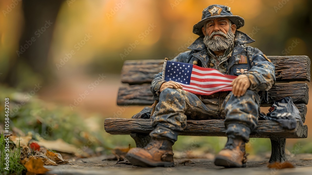 Tiny Veteran Figure Resting on a Miniature Park Bench Tiny Veteran Figure Resting on a Miniature Park Bench