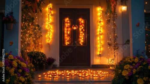 Beautifully decorated front door for Diwali, with glowing diyas, string lights, and flower garlands photo