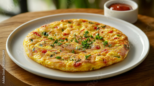 Omelette on a Plate garnished with herbs on a white plate