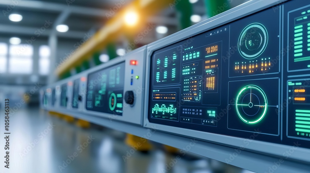 Fototapeta premium High-tech control panel with various digital displays in a modern industrial setting. Showcases advanced technology and efficiency.