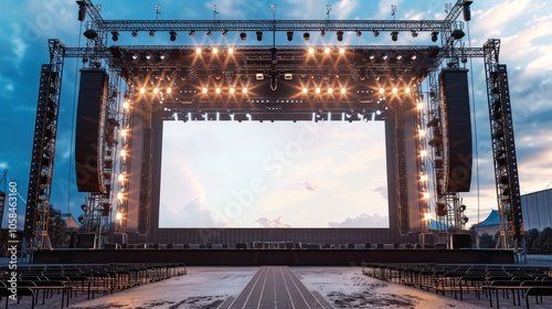 Empty stage with spotlights and a blank screen ready for a concert or event. photo