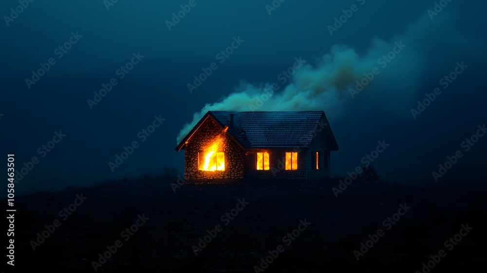 A burning house in the dark, creating an eerie atmosphere with smoke billowing out. A burning house in the dark, creating an eerie atmosphere with smoke billowing out.