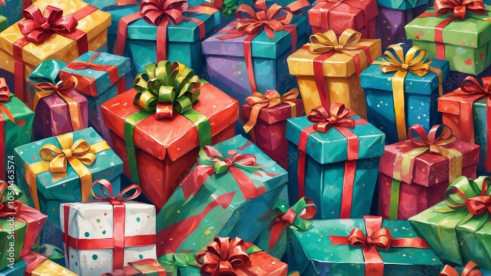 Colorful pile of gift boxes with various patterns and ribbons in a festive arrangement Colorful pile of gift boxes with various patterns and ribbons in a festive arrangement