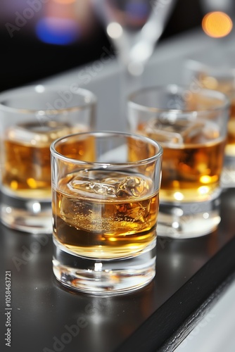 Glasses of whiskey with ice placed on a bar counter during a lively evening gathering