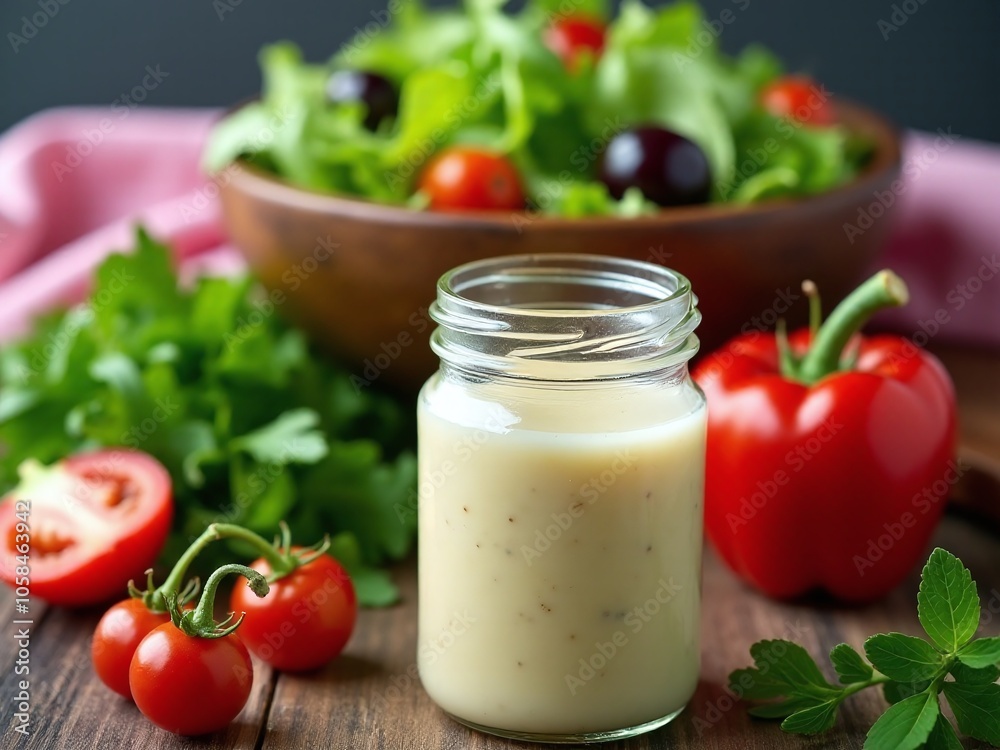 A wholesome salad-making scene with a wooden bowl of mixed greens in the background, and a jar of creamy homemade dressing in the foreground A wholesome salad-making scene with a wooden bowl of mixed greens in the background, and a jar of creamy homemade dressing in the foreground