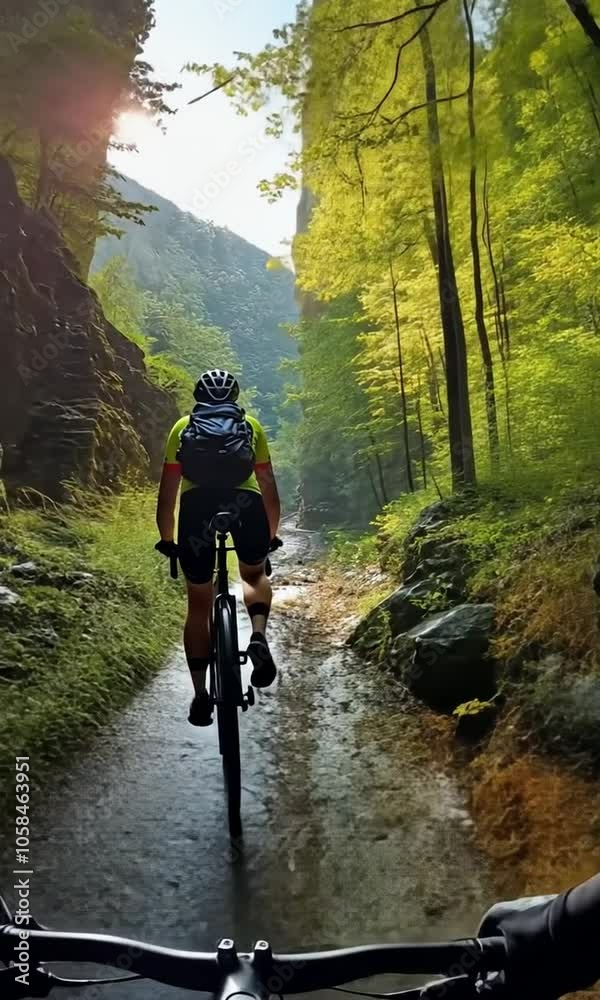Cyclist navigating a scenic forest path at sunrise. Cyclist navigating a scenic forest path at sunrise.