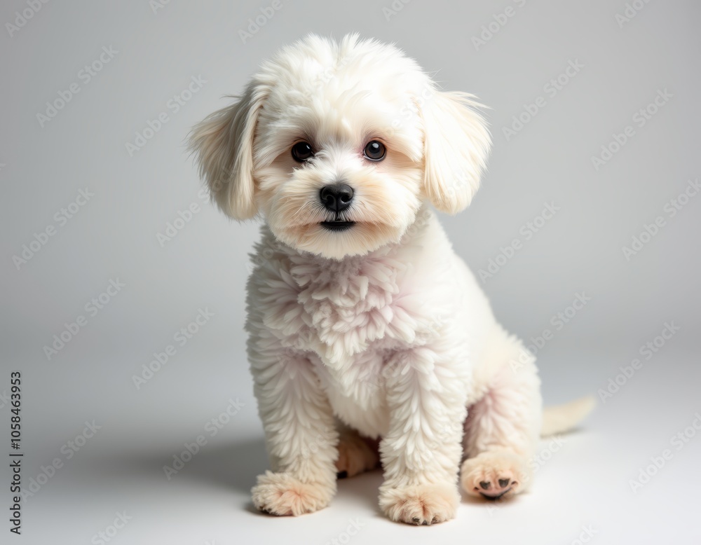 A small white dog sitting on a gray background A small white dog sitting on a gray background