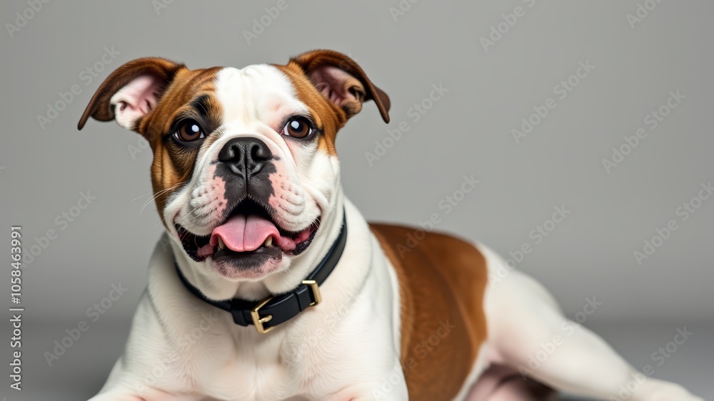 A brown and white dog laying down with its tongue out A brown and white dog laying down with its tongue out