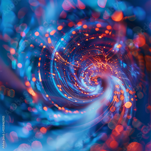 Mesmerizing Spiral of Red and Blue Light Trails Against a Vibrant Blue Background photo