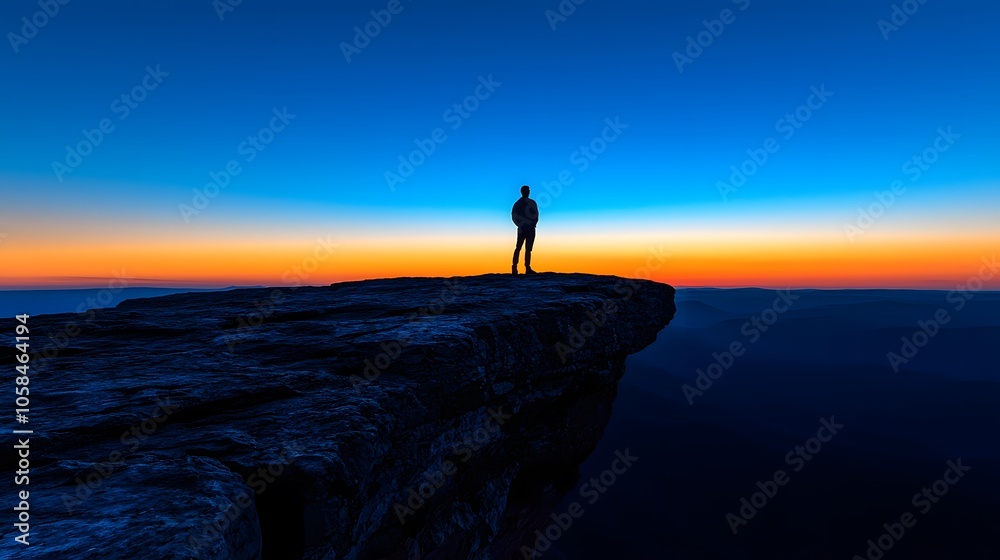 Silhouette of a person standing on a cliff at sunset, creating a serene atmosphere. Silhouette of a person standing on a cliff at sunset, creating a serene atmosphere.