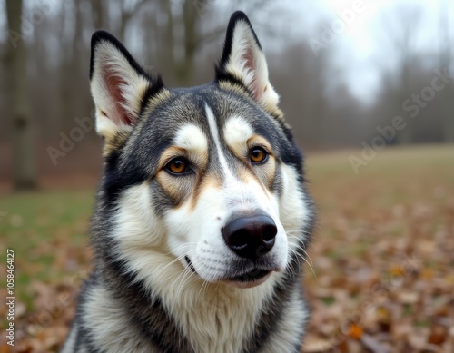 A close up of a dog sitting in the leaves