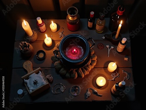 A top-down view of a witch’s altar at night, featuring a small cauldron, ritual candles, amulets, and an assortment of potion bottles photo