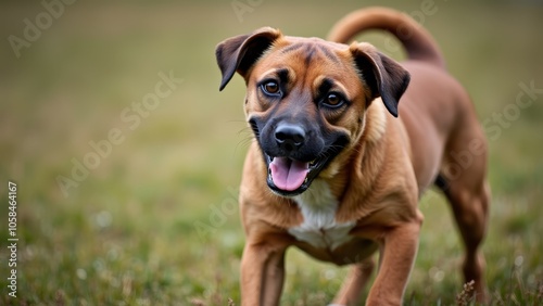 A brown dog standing on top of a lush green field