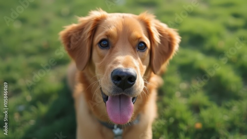 A brown dog standing on top of a lush green field