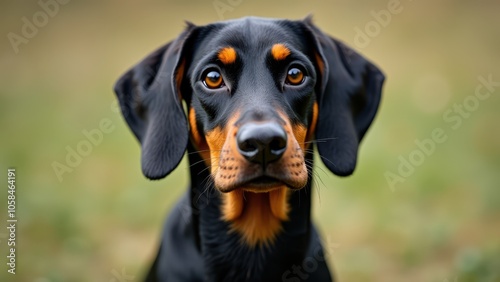 A black and tan dog with brown eyes looking at the camera