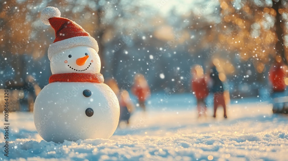 Fototapeta premium Panoramic view of a happy snowman in a park, children playing in the background, with space for text above.