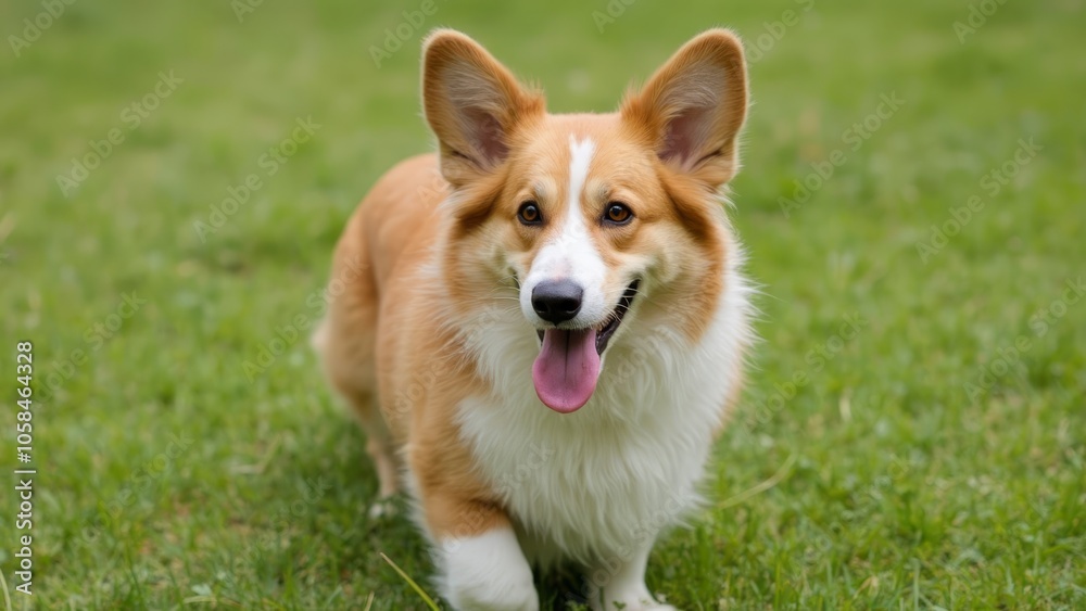 A brown and white dog running across a lush green field A brown and white dog running across a lush green field