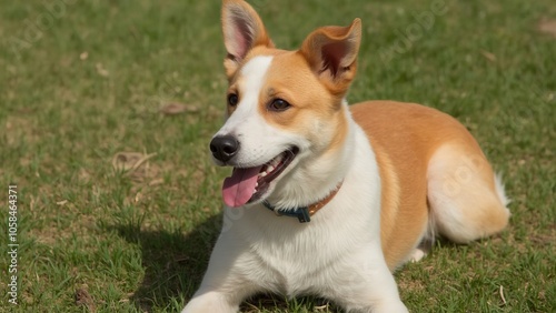 A brown and white dog laying in the grass