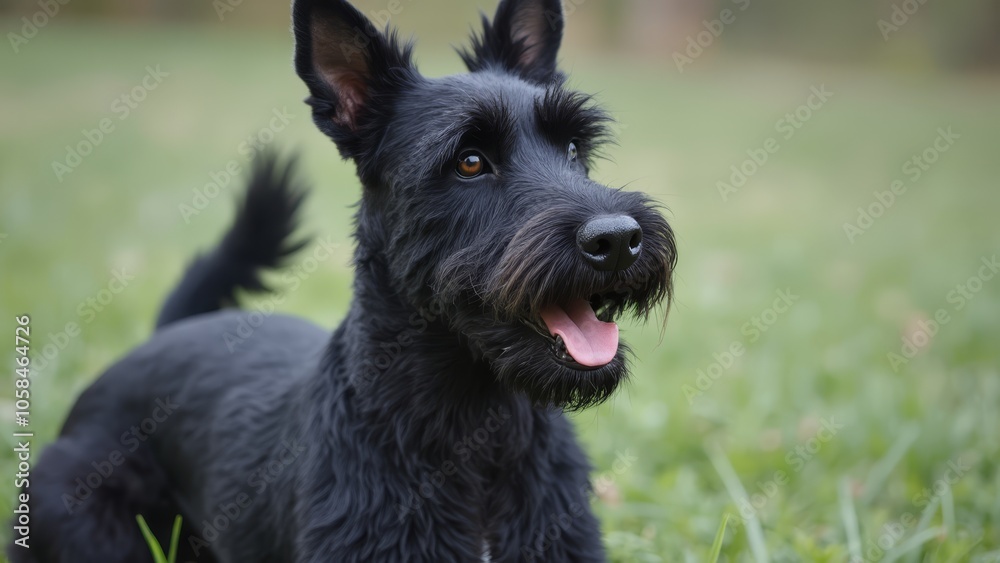 A black dog laying in the grass with its tongue out A black dog laying in the grass with its tongue out
