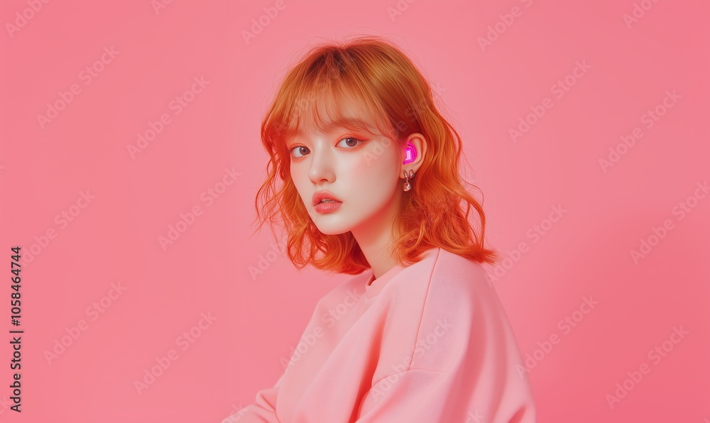 Young woman with wavy hair poses against a vibrant pink background while wearing stylish accessories during a creative photoshoot Young woman with wavy hair poses against a vibrant pink background while wearing stylish accessories during a creative photoshoot