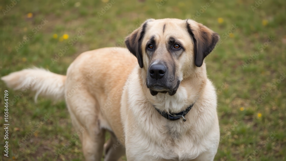 A large dog standing on top of a lush green field A large dog standing on top of a lush green field