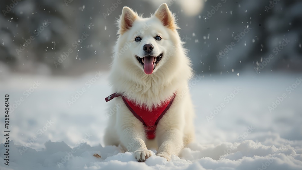 A white dog with a red harness laying in the snow A white dog with a red harness laying in the snow