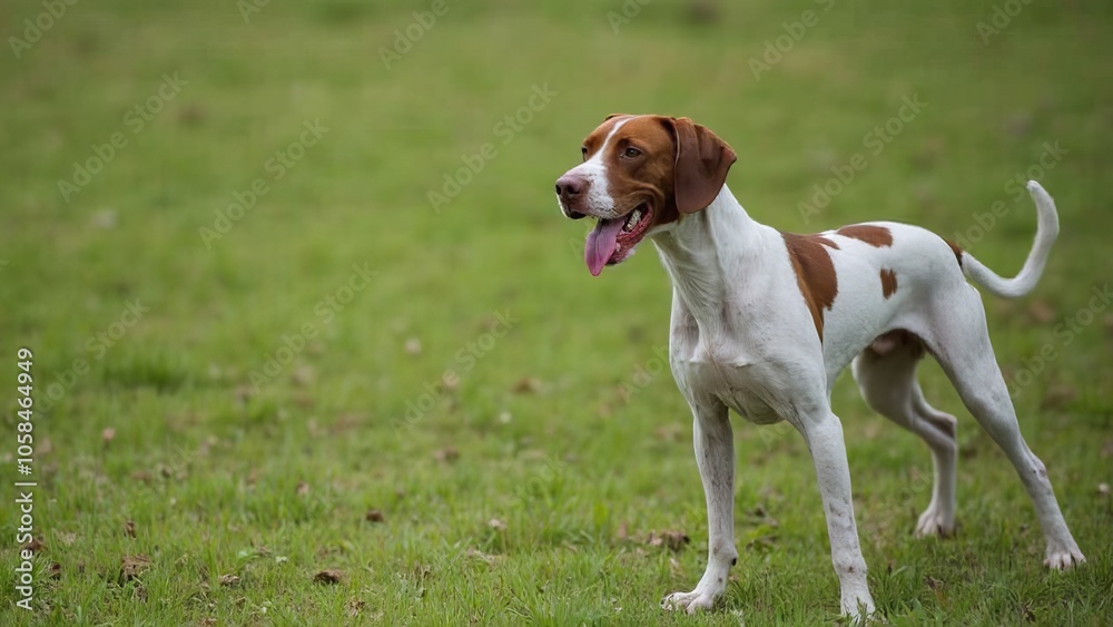 A brown and white dog standing on top of a lush green field A brown and white dog standing on top of a lush green field