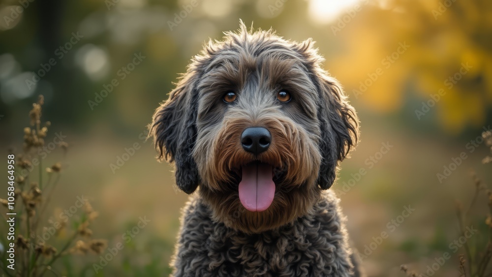 A dog sitting in a field with its tongue out A dog sitting in a field with its tongue out