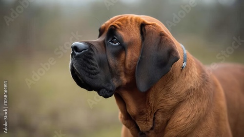 A brown dog with a blue collar standing in a field