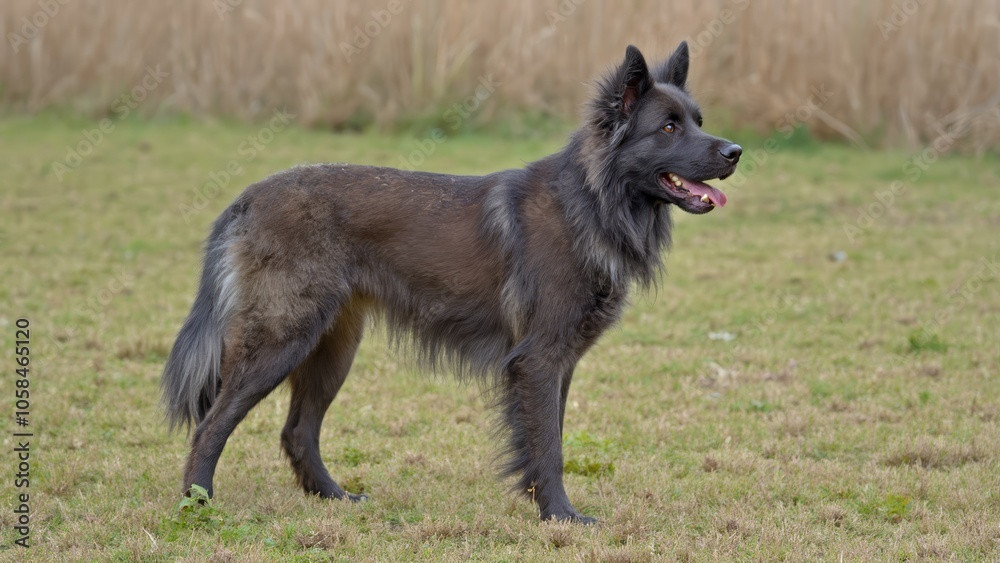 A black dog standing on top of a lush green field A black dog standing on top of a lush green field