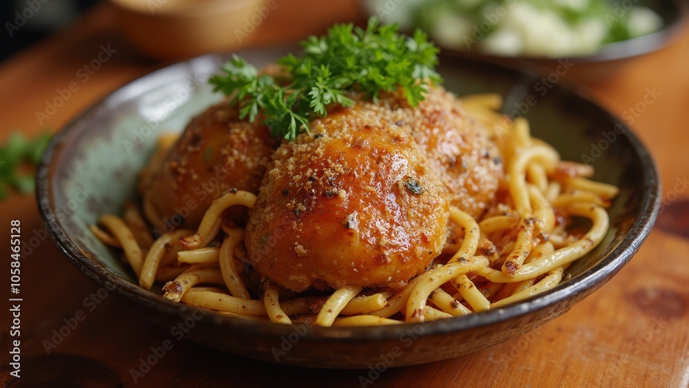 A bowl of spaghetti with meatballs and parsley on a table A bowl of spaghetti with meatballs and parsley on a table