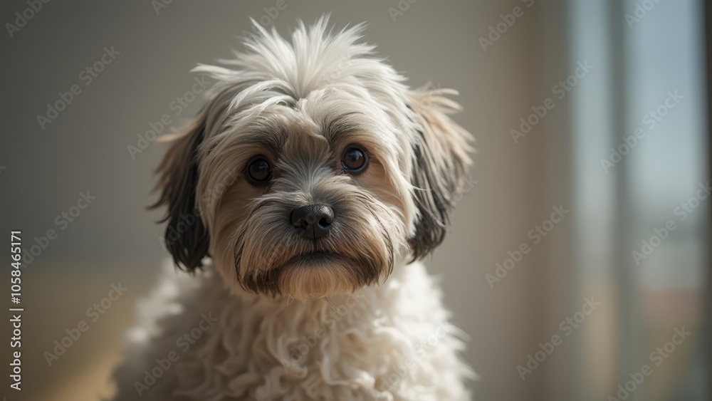 A small white dog sitting in front of a window A small white dog sitting in front of a window