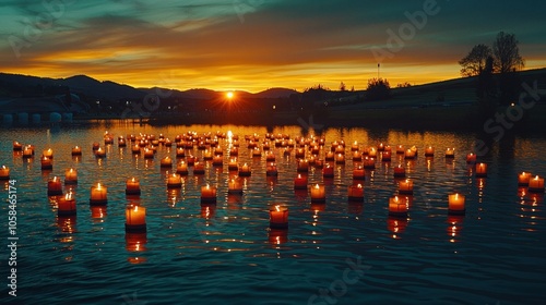 Floating candles on a lake at sunset