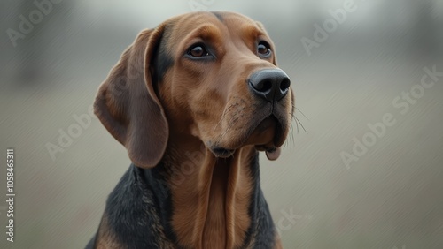 A brown and black dog sitting on top of a grass covered field