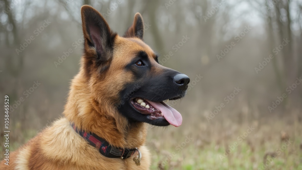 A brown and black dog sitting in a field with its tongue out A brown and black dog sitting in a field with its tongue out