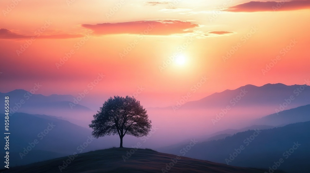 A solitary tree framed by the fading colors of sunset, its silhouette peaceful against a soft, hilly landscape. A solitary tree framed by the fading colors of sunset, its silhouette peaceful against a soft, hilly landscape.
