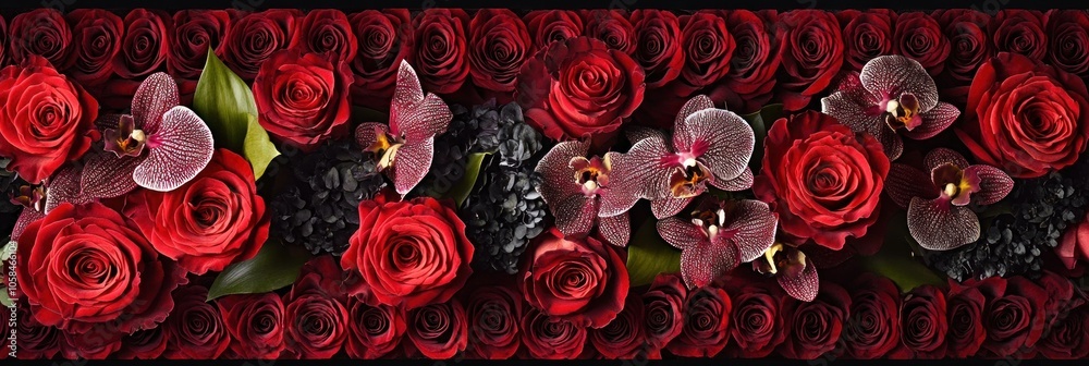 A vibrant arrangement of red roses and orchids, showcasing floral beauty and elegance. A vibrant arrangement of red roses and orchids, showcasing floral beauty and elegance.