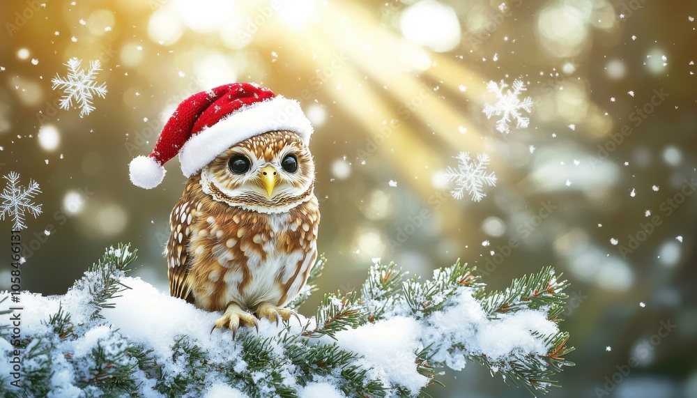 Fototapeta premium A festive owl wearing a Santa hat sits on a snowy branch, surrounded by falling snowflakes and soft sunlight, evoking a cheerful winter scene.