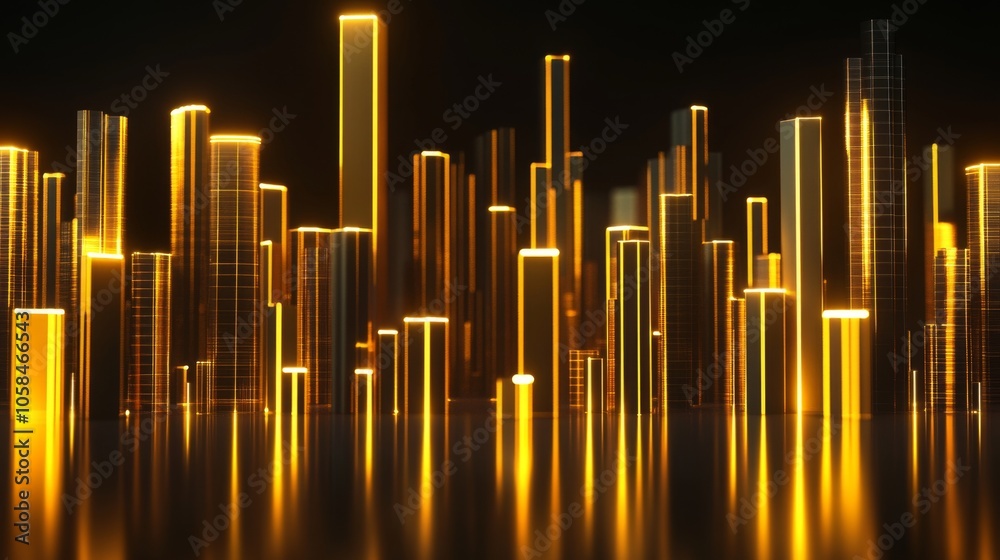 Golden Cityscape with Reflections in Dark Environment Golden Cityscape with Reflections in Dark Environment