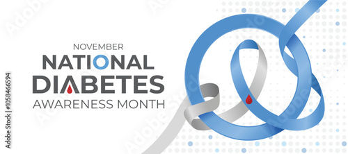 November, National diabetes awareness month - Blue and gray ribbon with red blood drop pin cross blue circle ring symbol on dot texture background vector design