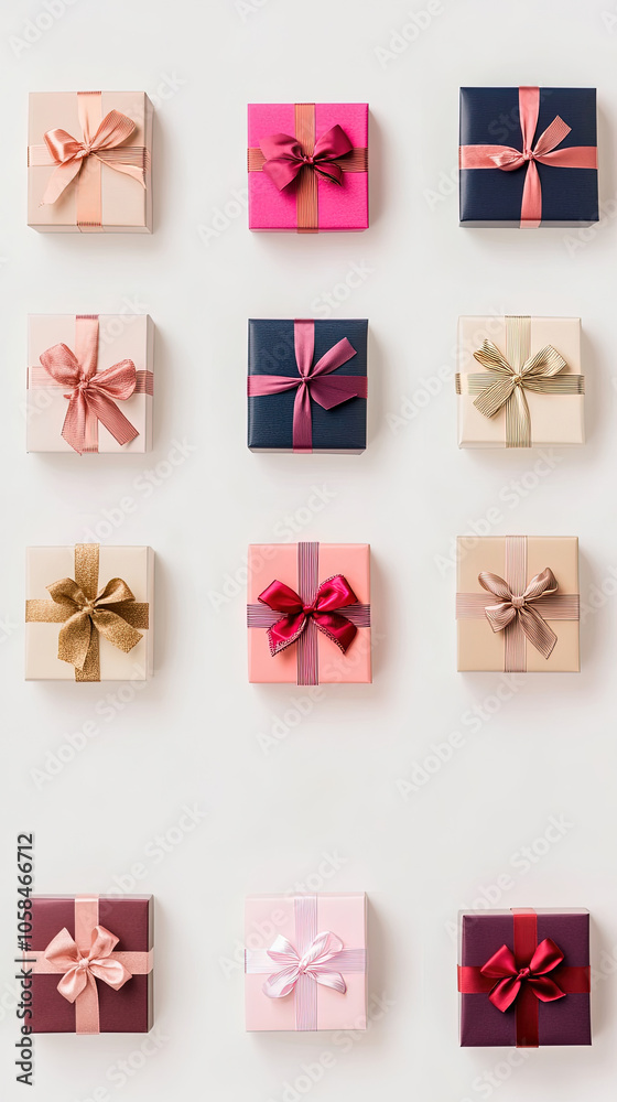 Colorful Gift Boxes with Ribbons on White Background Colorful Gift Boxes with Ribbons on White Background
