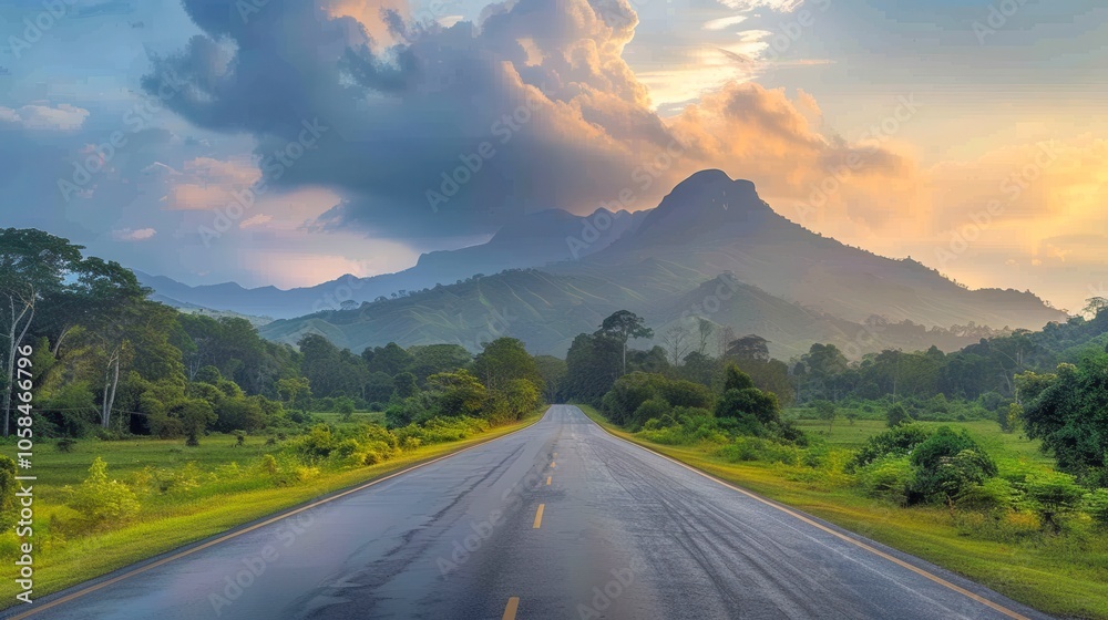 Naklejka premium A scenic road winds through lush greenery, leading towards majestic mountains under a dramatic sky at sunset, This image is ideal for travel blogs, outdoor promotions, or nature-themed projects,