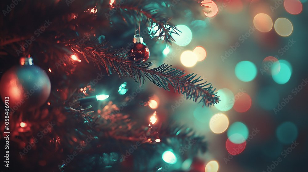 Fototapeta premium Create a Christmas-themed background with soft, cozy lighting and a bokeh effect of twinkling lights in hues of green, blue, and red. The scene should feature a decorated Christmas tree with ornaments