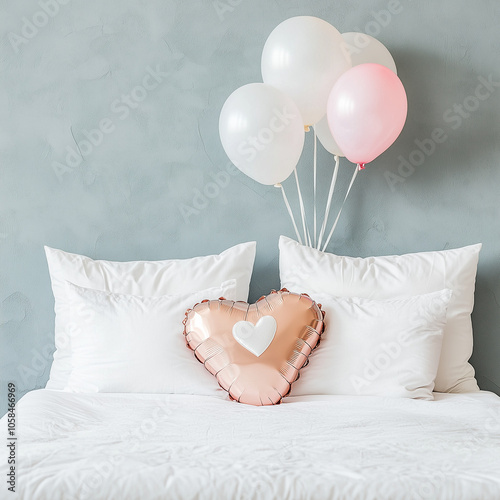 cozy Valentine’s Day bedroom scene with a bed, soft pillows, and 