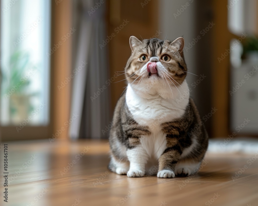 A cat sits on the floor and licks its lips. AI. A cat sits on the floor and licks its lips. AI.