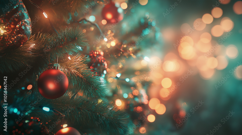 Create a Christmas-themed background with soft, cozy lighting and a bokeh effect of twinkling lights in hues of green, blue, and red. The scene should feature a decorated Christmas tree with ornaments