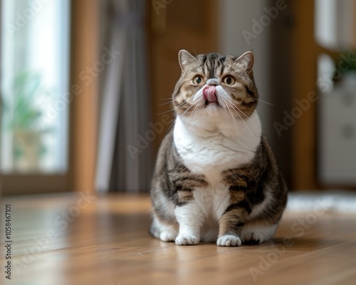 A cat sits on the floor and licks its lips. AI.