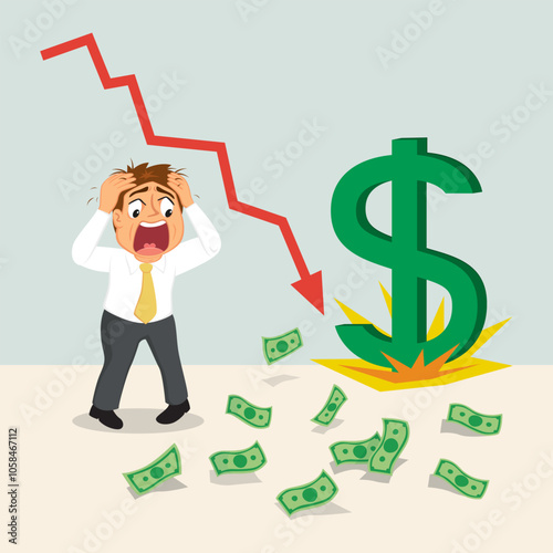 A Businessman Shocked in Trouble Fall in Value of Money. Money Value Fall. Flat, Vector, Illustration, Cartoon, EPS10.   