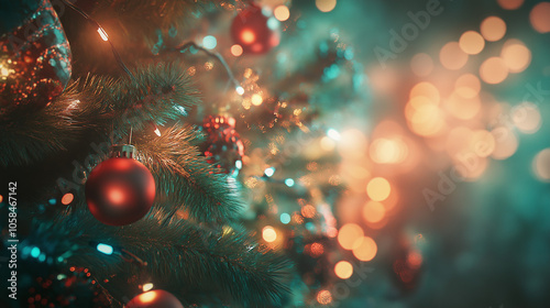 Obraz na płótnie Create a Christmas-themed background with soft, cozy lighting and a bokeh effect of twinkling lights in hues of green, blue, and red. The scene should feature a decorated Christmas tree with ornaments w salonie